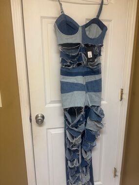 Fashion Nova Two-Tone Blue Patchwork Distressed Flare Jumpsuit